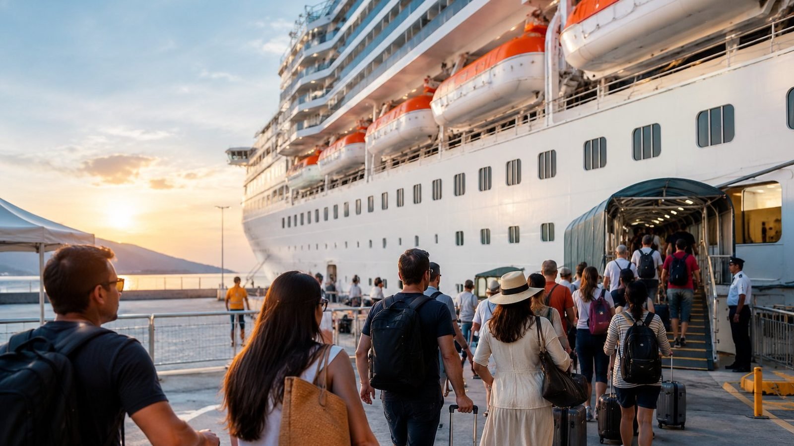 Passageiros com malas embarcando em um navio de cruzeiro atracado no porto ao pôr do sol
