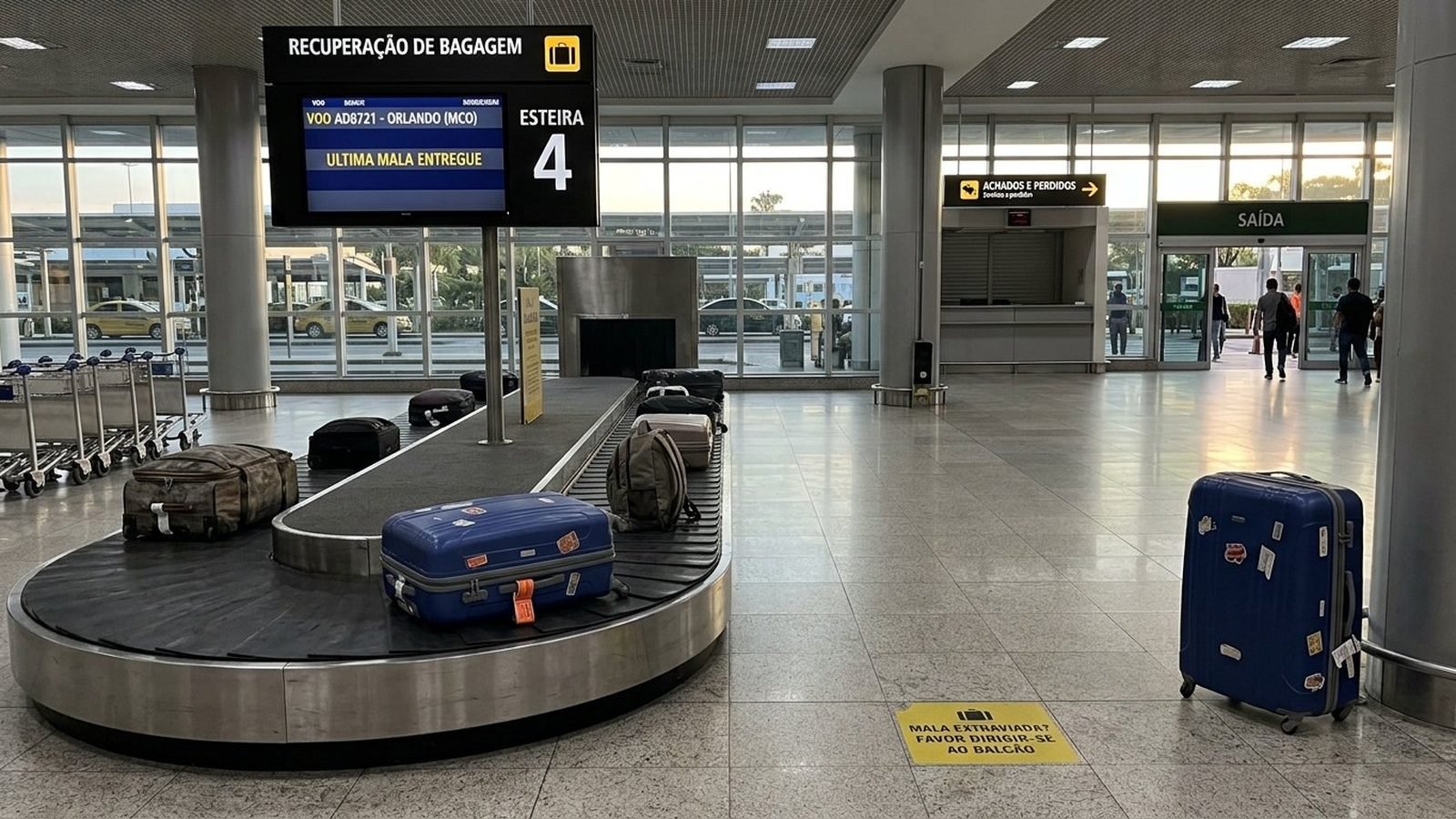 Esteira de bagagem de aeroporto com malas e uma mala azul sozinha no saguão