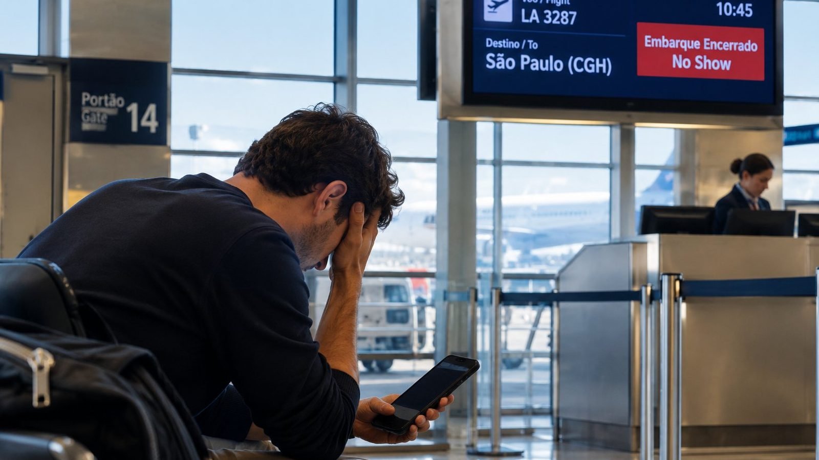 Passageiro preocupado com o celular na mão, sentado diante do portão de embarque com o painel indicando embarque encerrado