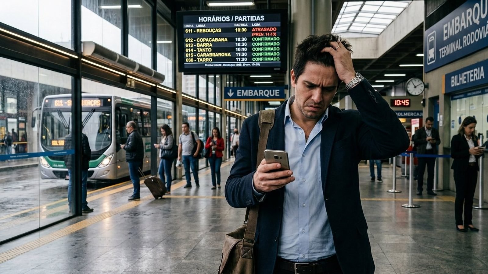 Passageiro preocupado olhando o celular em terminal rodoviário, com painel de partidas mostrando ônibus atrasado