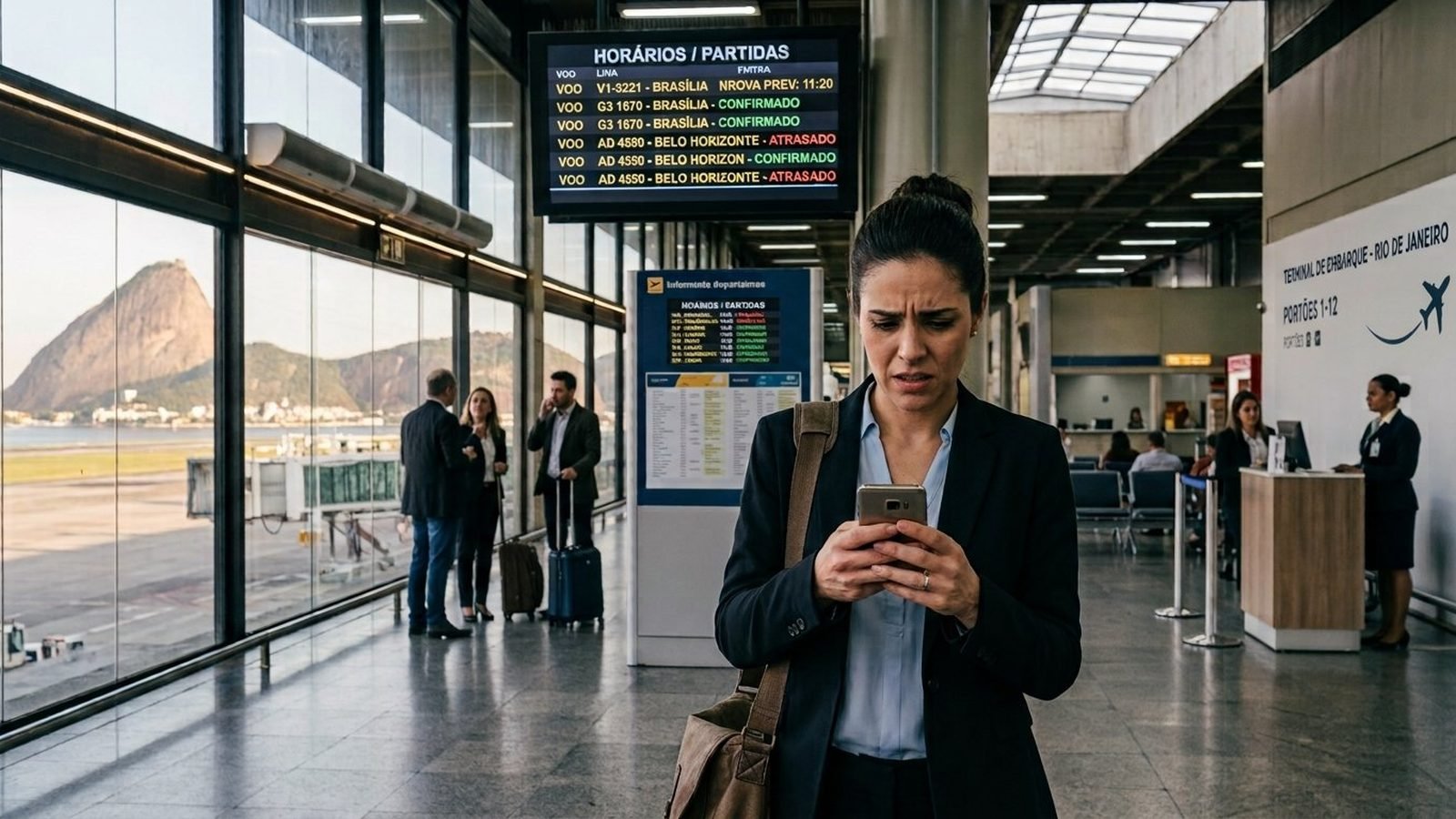 Passageira preocupada olhando o celular no saguão do aeroporto, com painel de partidas mostrando voos atrasados