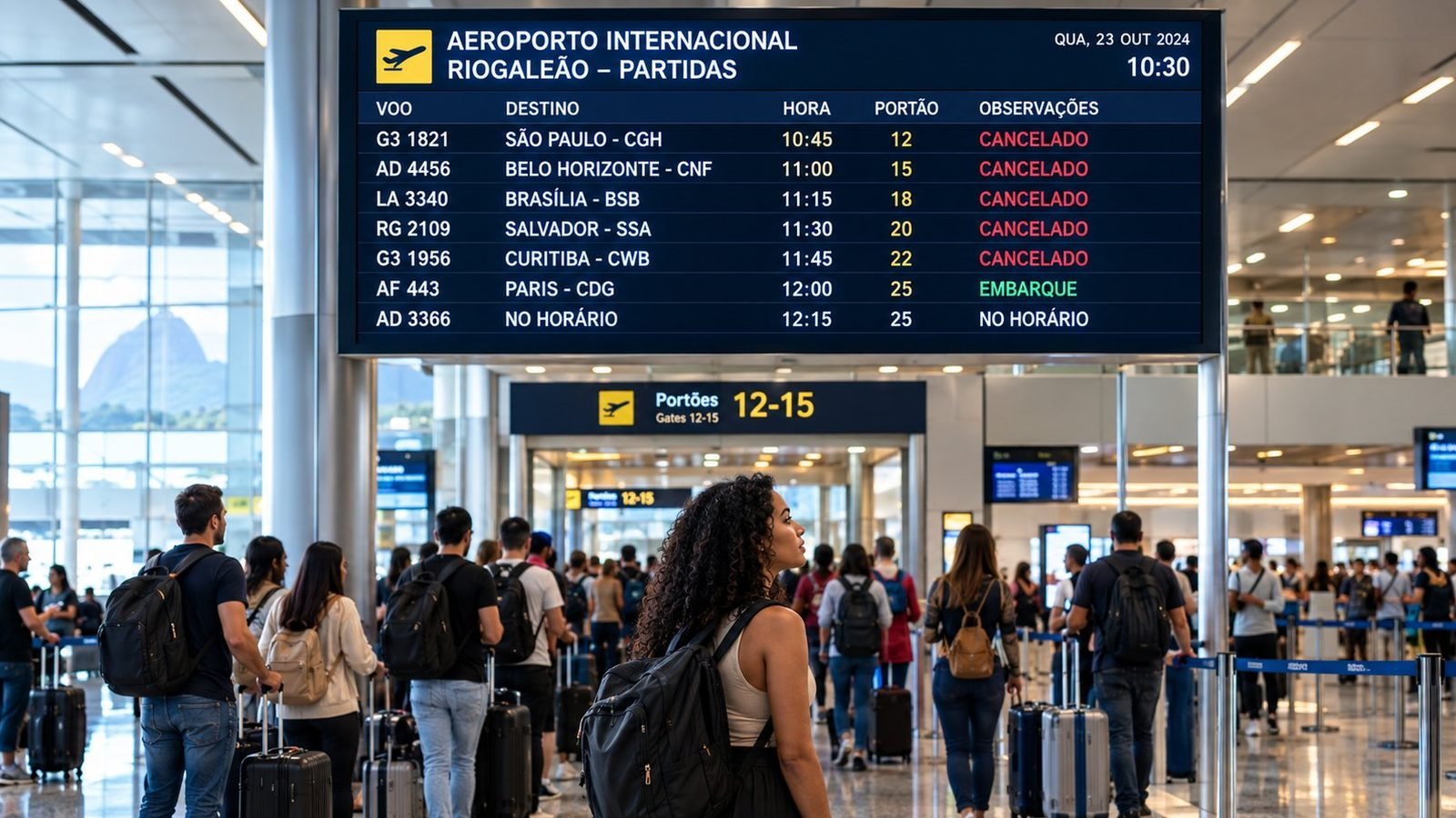 Painel de partidas de aeroporto com voos cancelados e passageiros aguardando